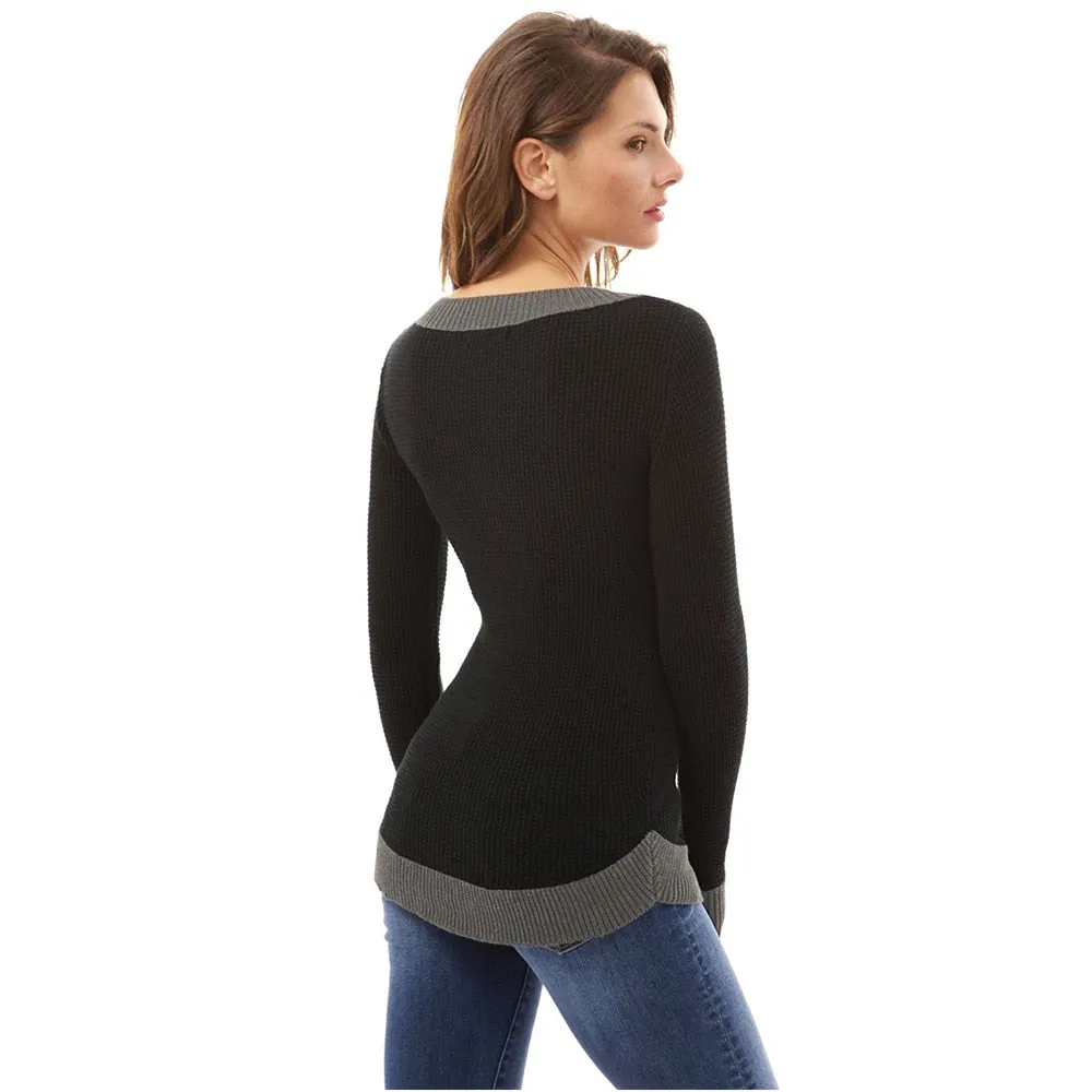 Women V Neck Solid Color Sweater New Autumn Winter Warm Long Sleeve