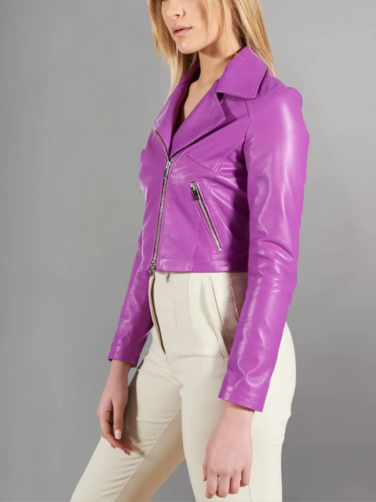 Womens Fuchsia natural Sheep leather cropped jacket perfecto