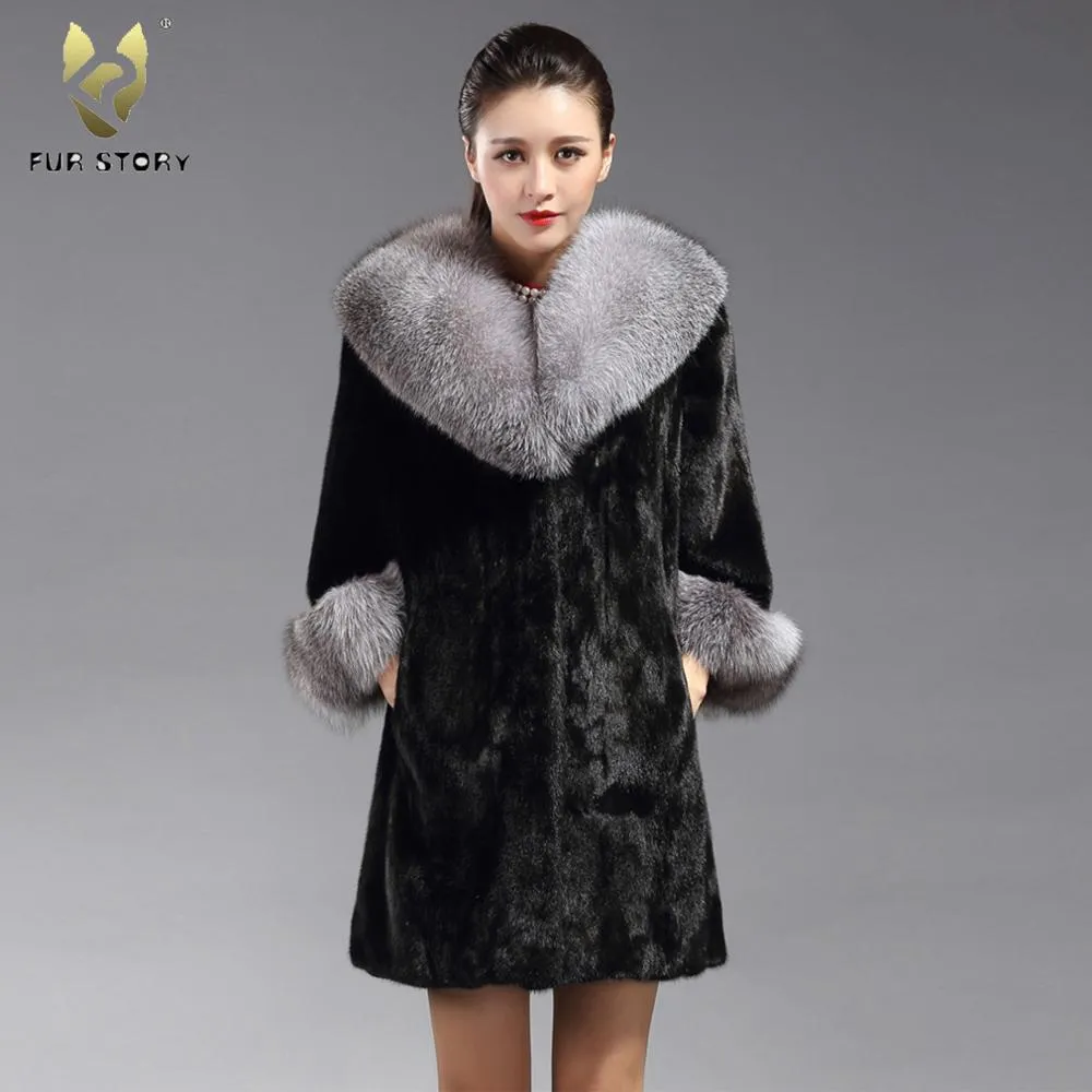 Women's Genuine Mink Fur Coat Women with Big Fox Fur Collar Female Overcoat 16173