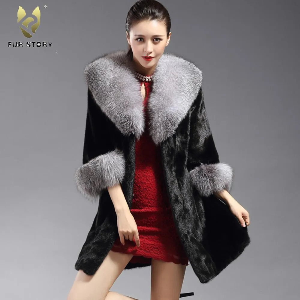 Women's Genuine Mink Fur Coat Women with Big Fox Fur Collar Female Overcoat 16173