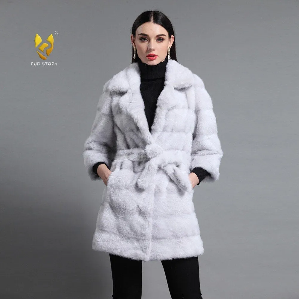 Women's Genuine Mink Fur Coat Women With Suit Collar Warm Long Overcoat  16047