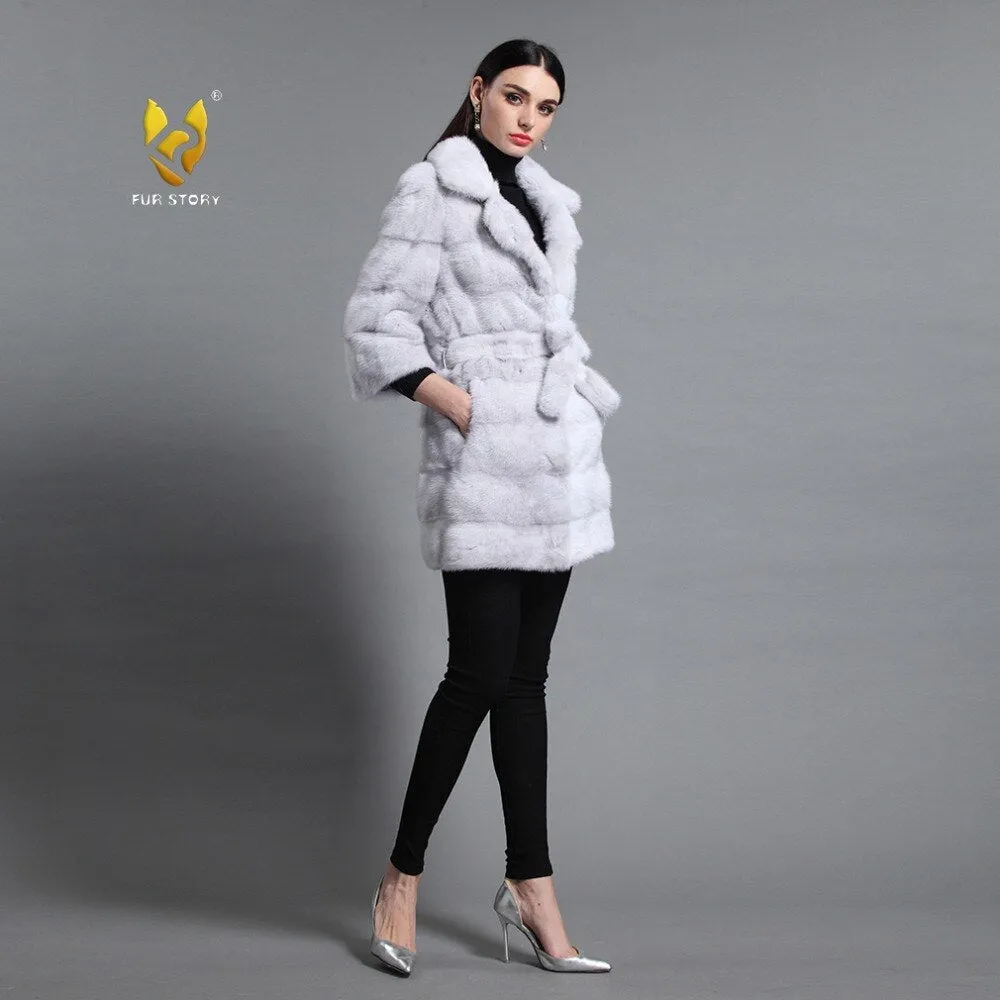 Women's Genuine Mink Fur Coat Women With Suit Collar Warm Long Overcoat  16047