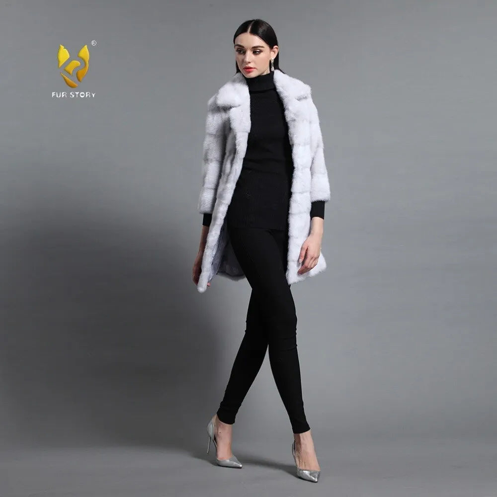 Women's Genuine Mink Fur Coat Women With Suit Collar Warm Long Overcoat  16047