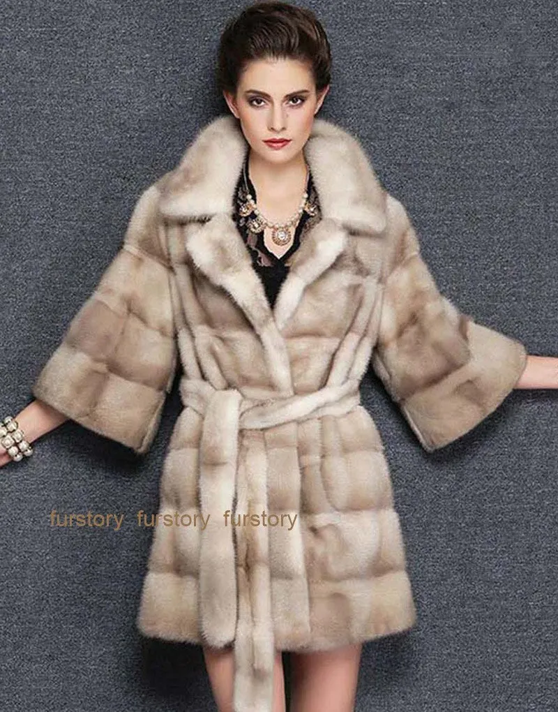 Women's Genuine Mink Fur Coat Women With Suit Collar Warm Long Overcoat  16047