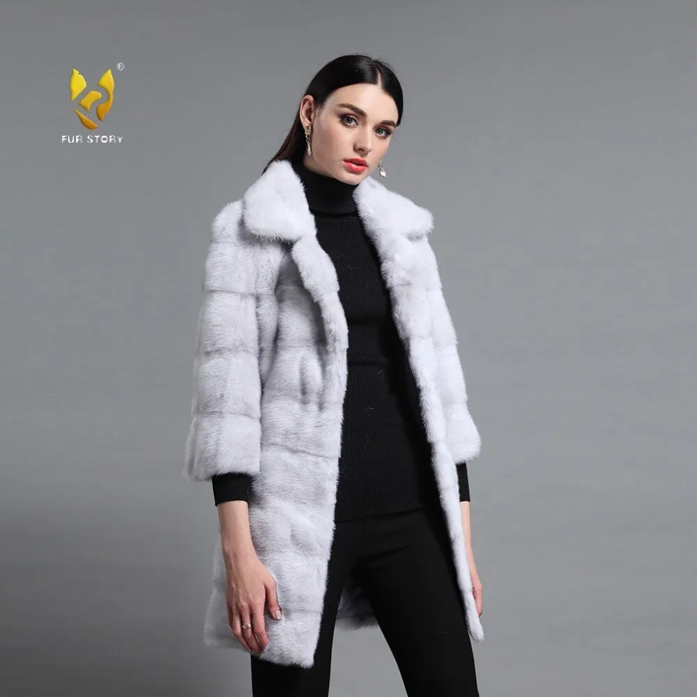 Women's Genuine Mink Fur Coat Women With Suit Collar Warm Long Overcoat  16047