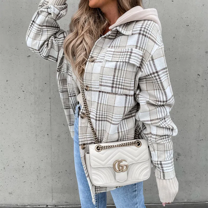 Women's Hooded Plaid Button Lapel Long Sleeve Jacket with Pockets