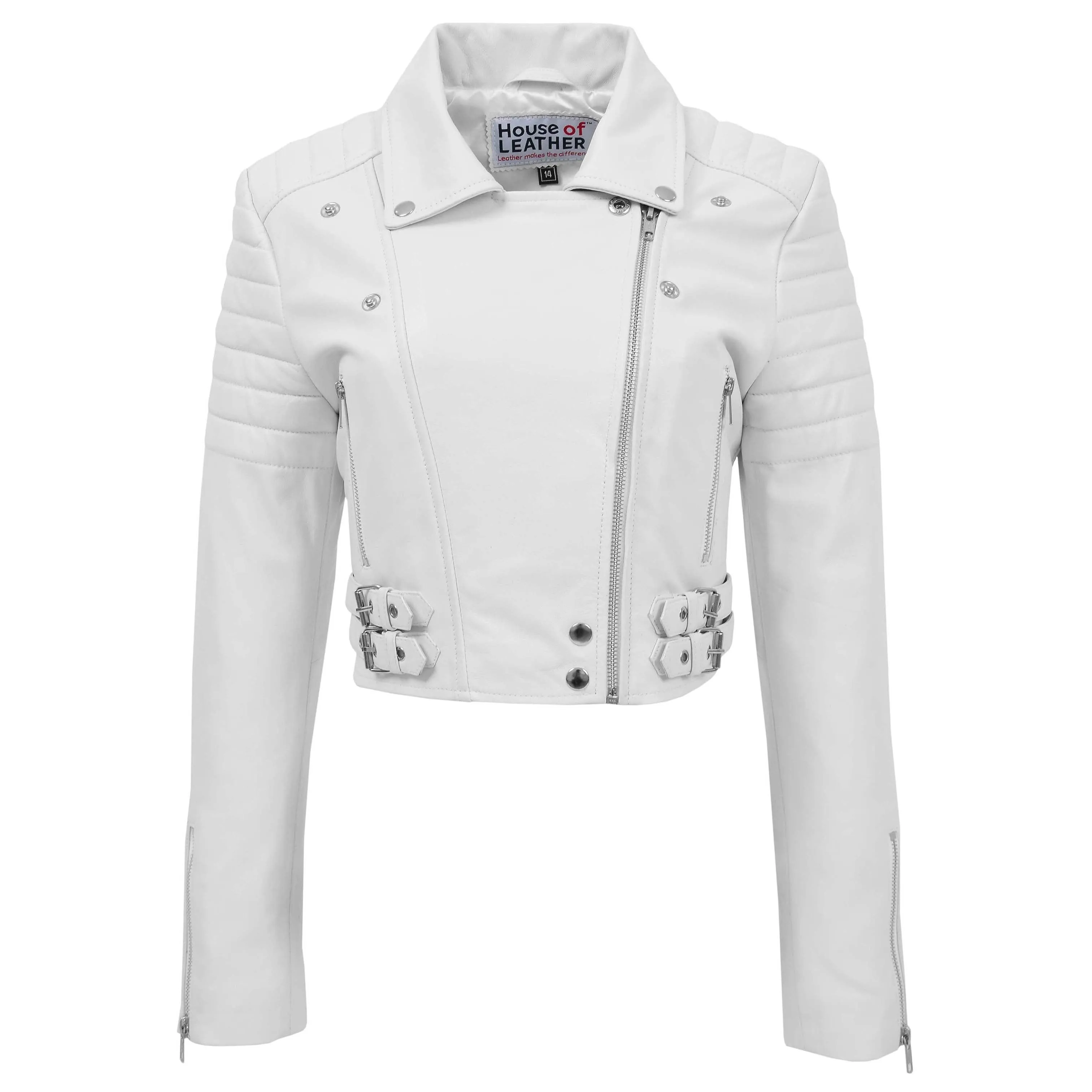 Womens Leather Cropped Biker Style Jacket Demi White