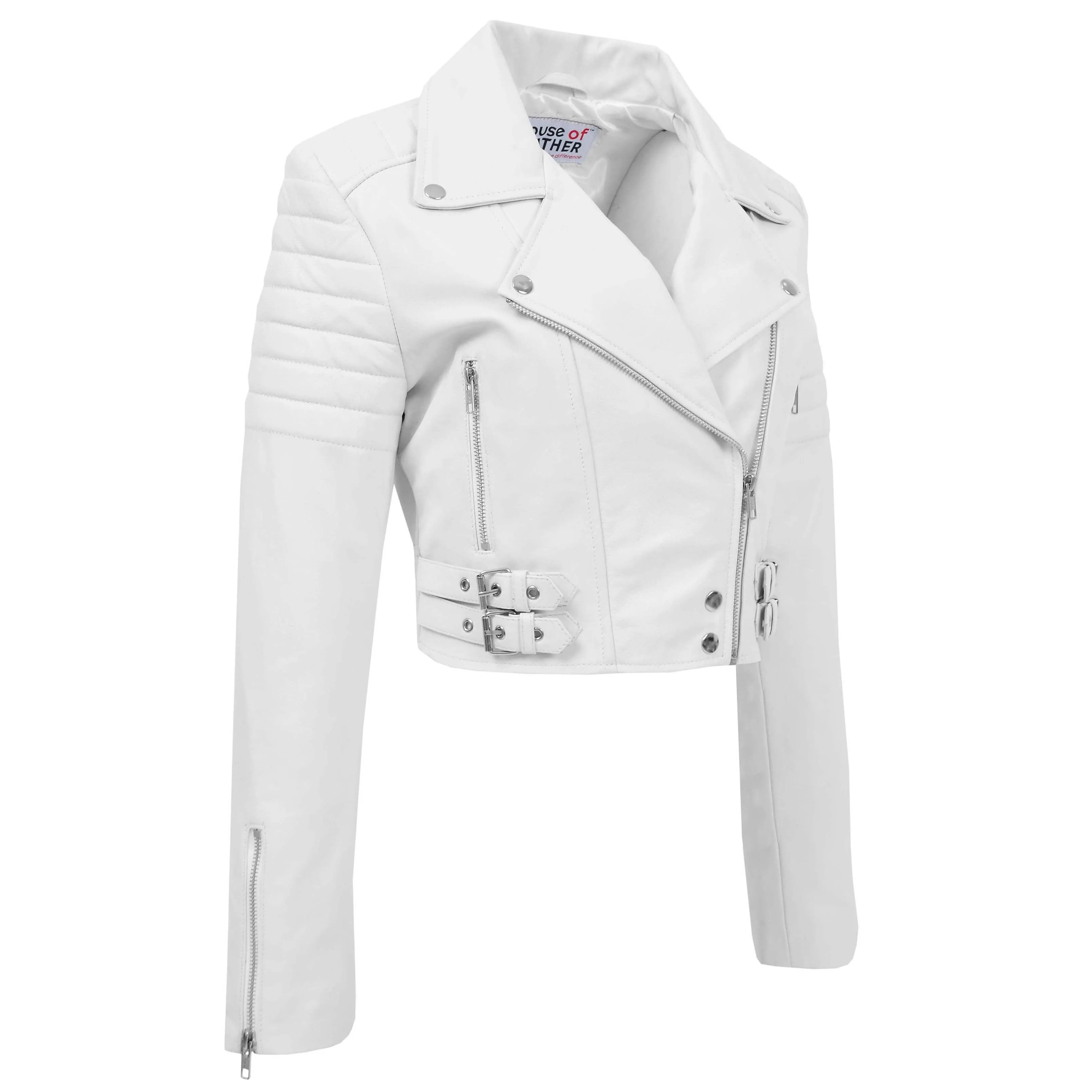 Womens Leather Cropped Biker Style Jacket Demi White