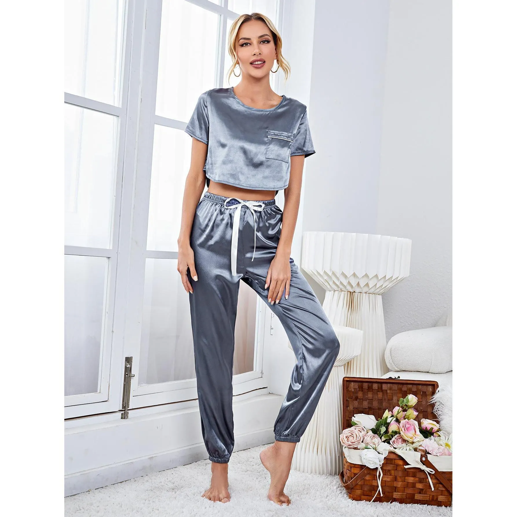 Women's Pajamas Set Short-sleeve Crop Top Casual Sweatpants With Cuffed Sleepwear Silk Like Nightwear Homewear Femme