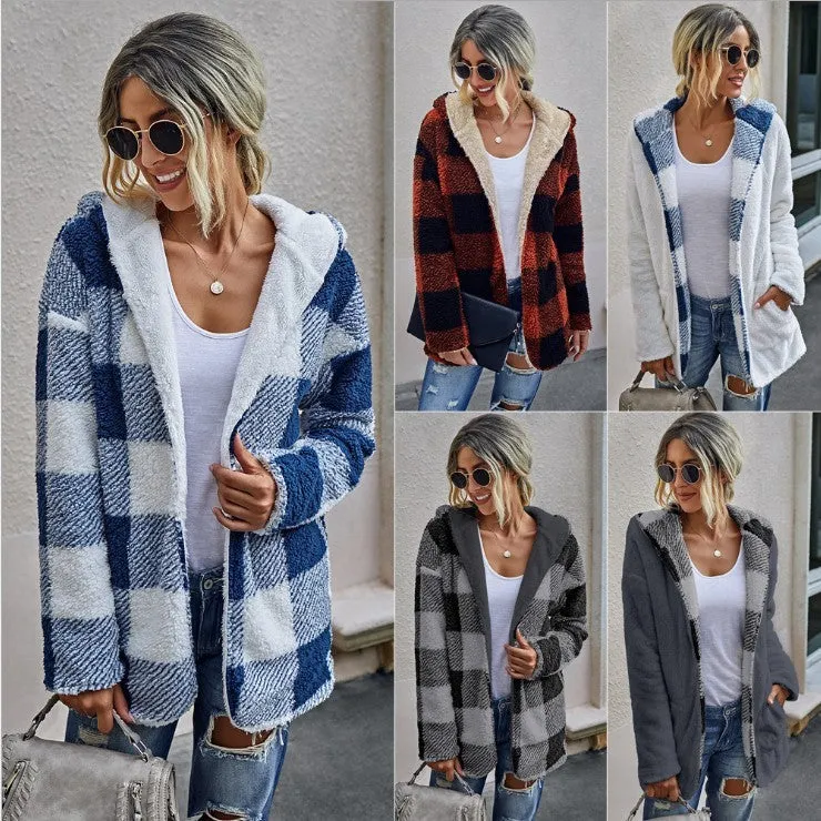 Women's Plaid Fall and Winter Plush Coat