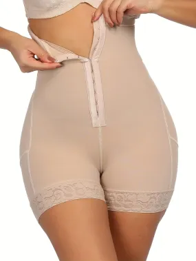 Women's Plus Simple Shapewear Shorts, Plus Size Contrast Lace Trim Front Closure Butt Lifting Thigh Slimmer Body Shaper