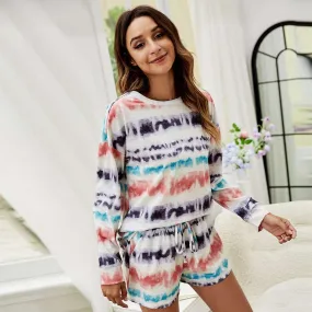 Women's Tie-dye Long Sleeve T-shirt Shorts Outfit Set