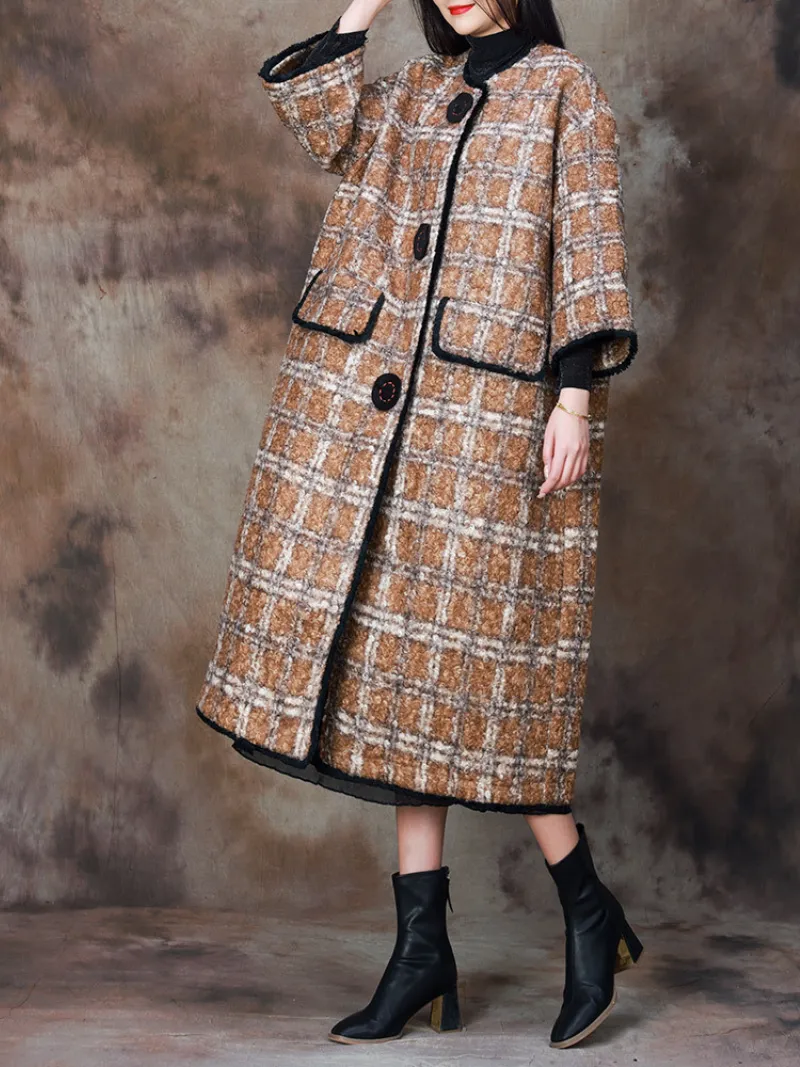 Women's Winter Classic Embroidery Button Plaid Woolen Coat