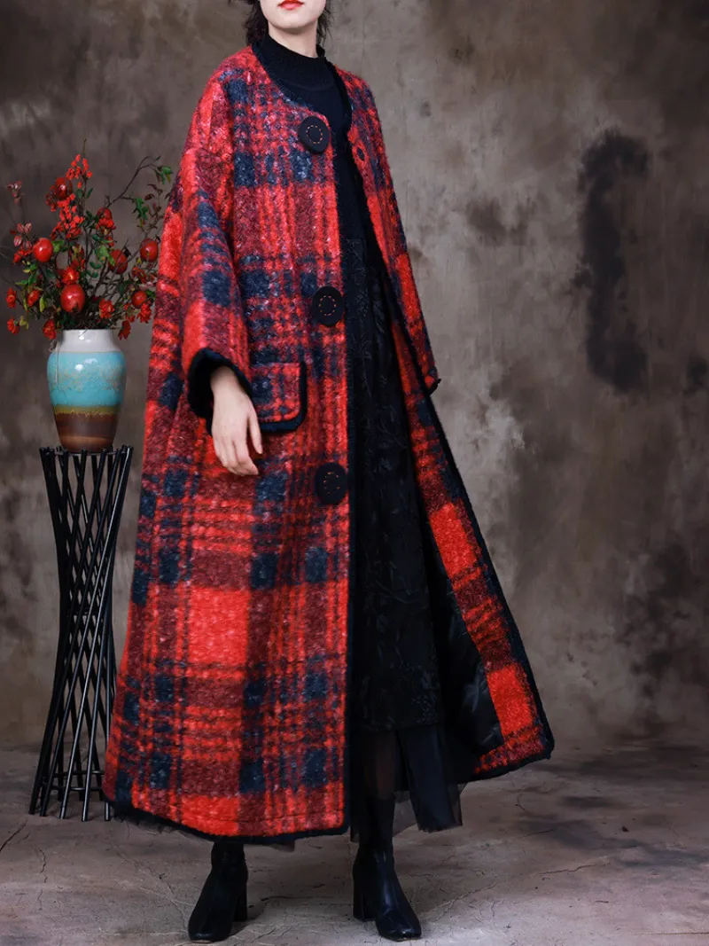 Women's Winter Classic Embroidery Button Plaid Woolen Coat