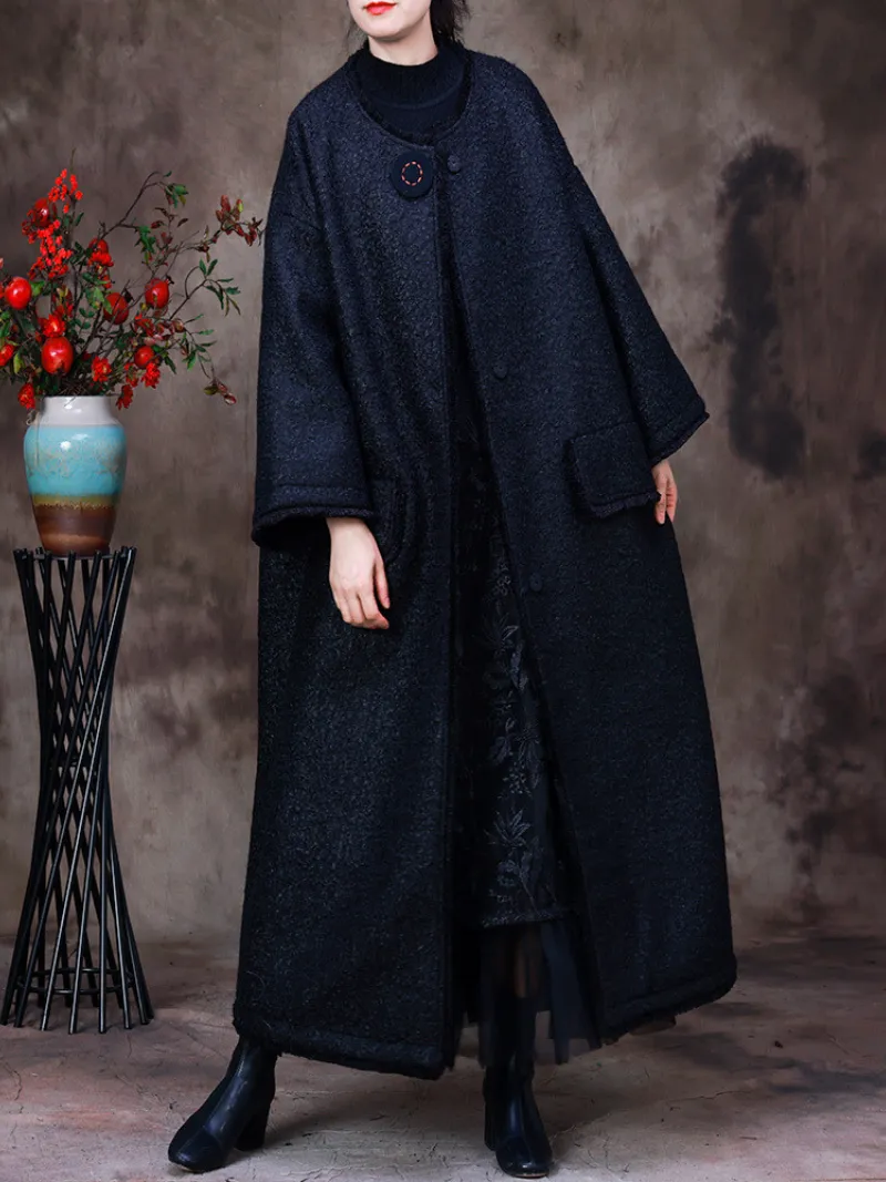 Women's Winter Classic Embroidery Button Plaid Woolen Coat