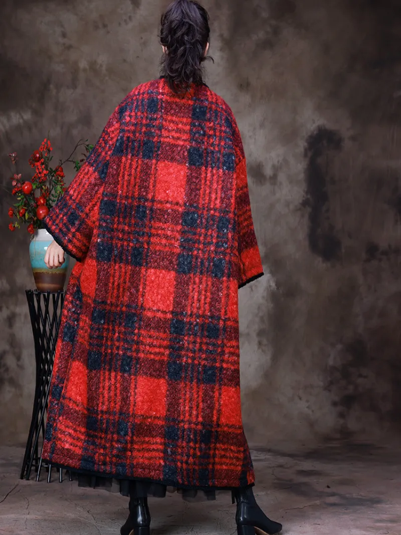 Women's Winter Classic Embroidery Button Plaid Woolen Coat