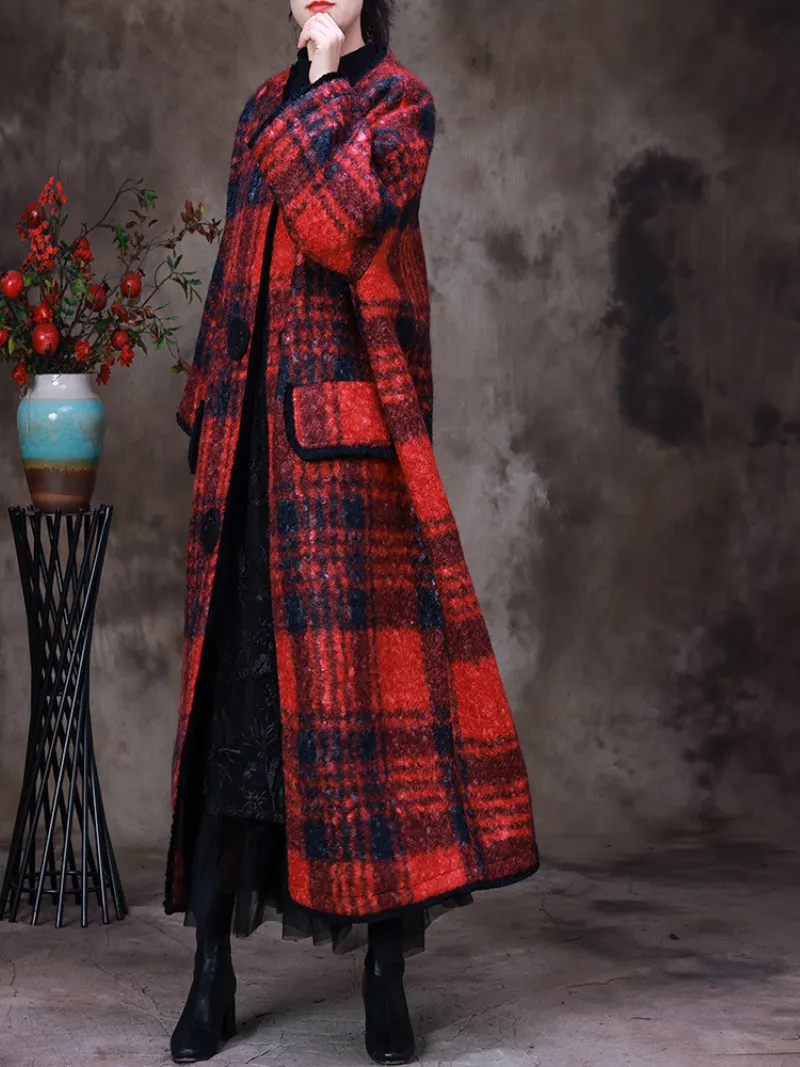 Women's Winter Classic Embroidery Button Plaid Woolen Coat