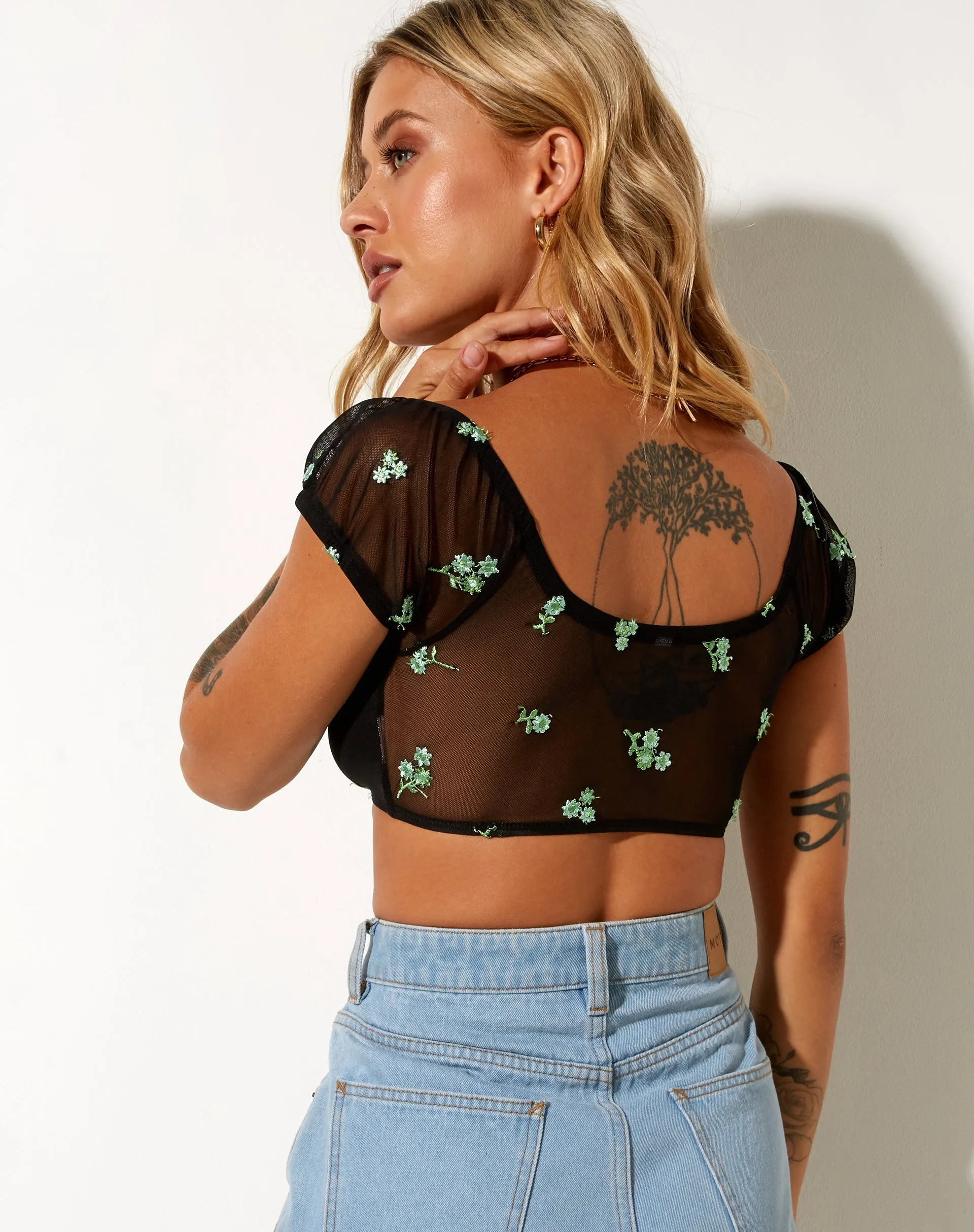 Zule Crop Top in Black Daisy Lime Embro