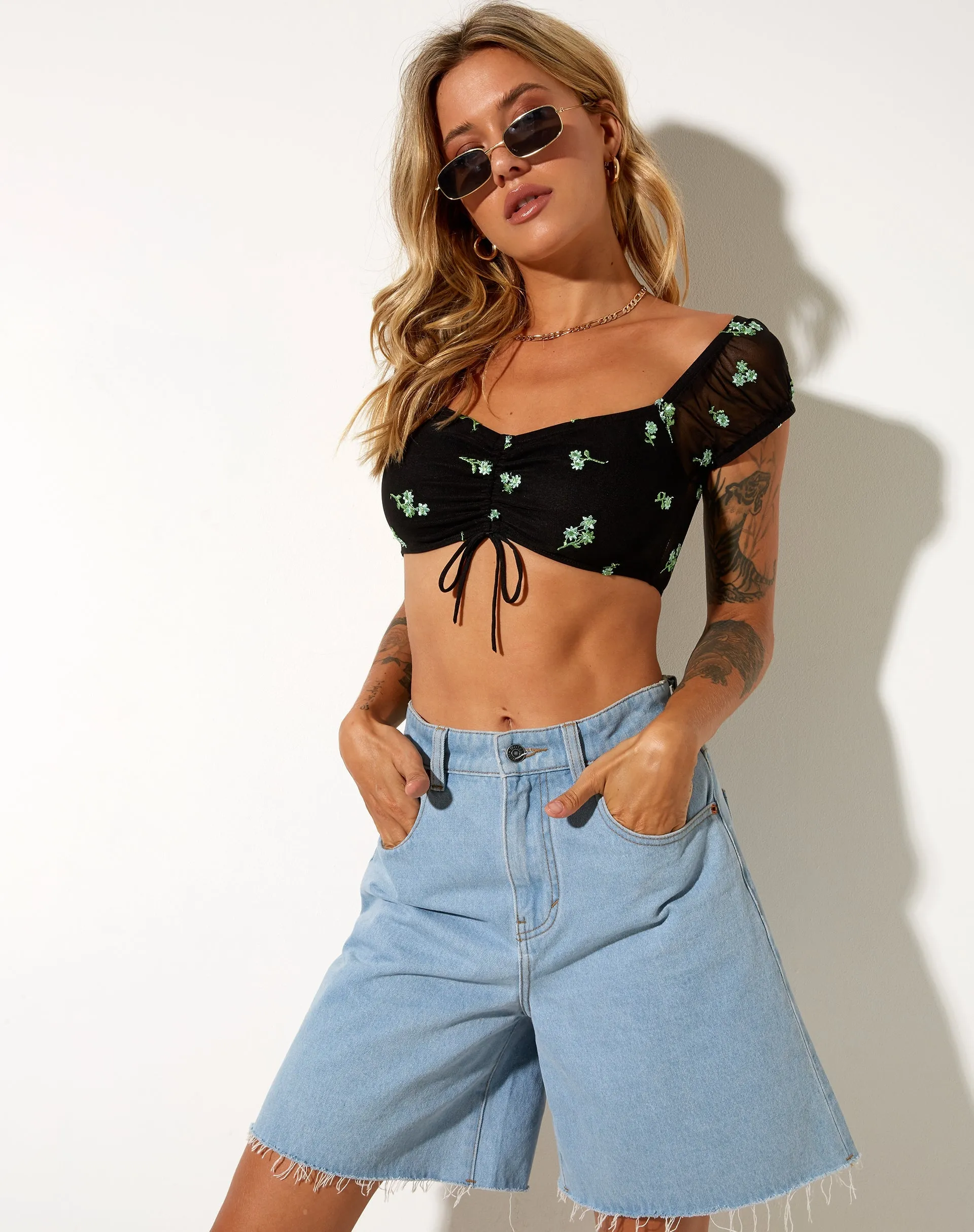 Zule Crop Top in Black Daisy Lime Embro